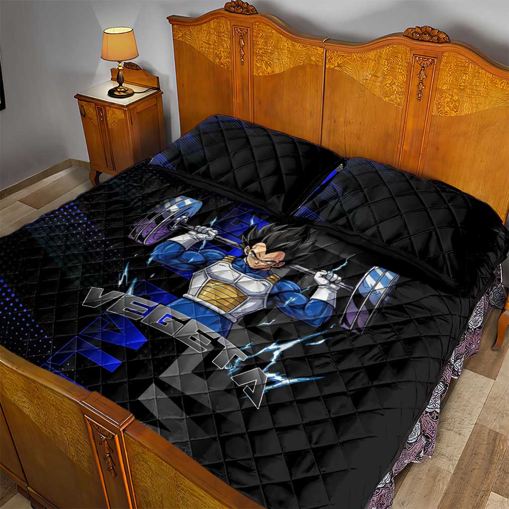 Vegeta Gym Theme Black and Blue Design Quilt Bed Set with Powerlifting Pose and Saiyan Armor Style - The Mazicc
