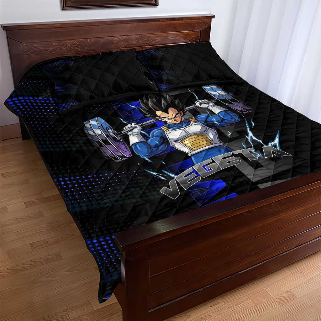 Vegeta Gym Theme Black and Blue Design Quilt Bed Set with Powerlifting Pose and Saiyan Armor Style - The Mazicc