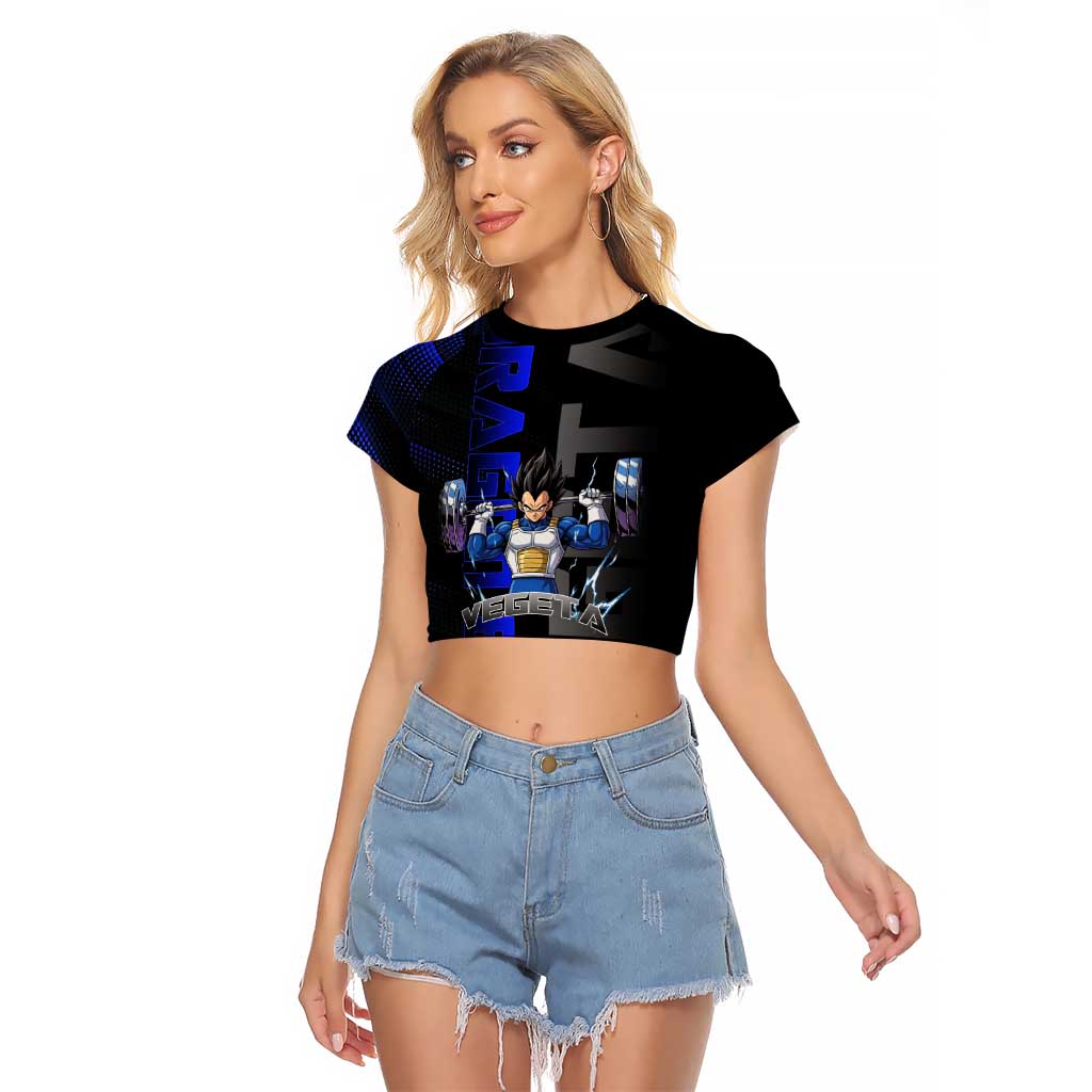 Vegeta Gym Theme Black and Blue Design Raglan Cropped T Shirt with Powerlifting Pose and Saiyan Armor Style - The Mazicc
