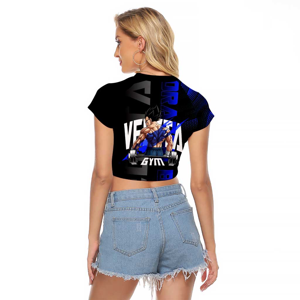 Vegeta Gym Theme Black and Blue Design Raglan Cropped T Shirt with Powerlifting Pose and Saiyan Armor Style - The Mazicc