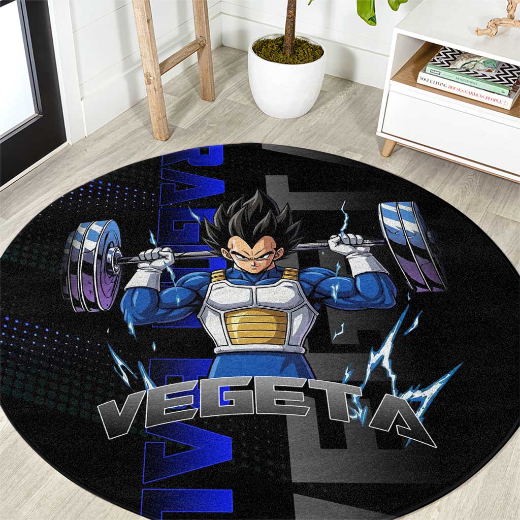 Vegeta Gym Theme Black and Blue Design Round Carpet with Powerlifting Pose and Saiyan Armor Style - The Mazicc