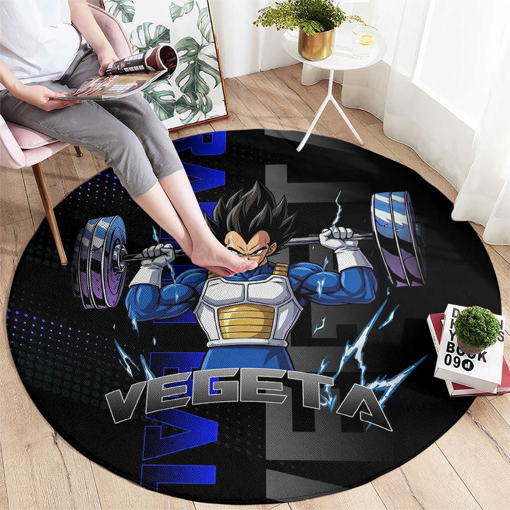 Vegeta Gym Theme Black and Blue Design Round Carpet with Powerlifting Pose and Saiyan Armor Style - The Mazicc