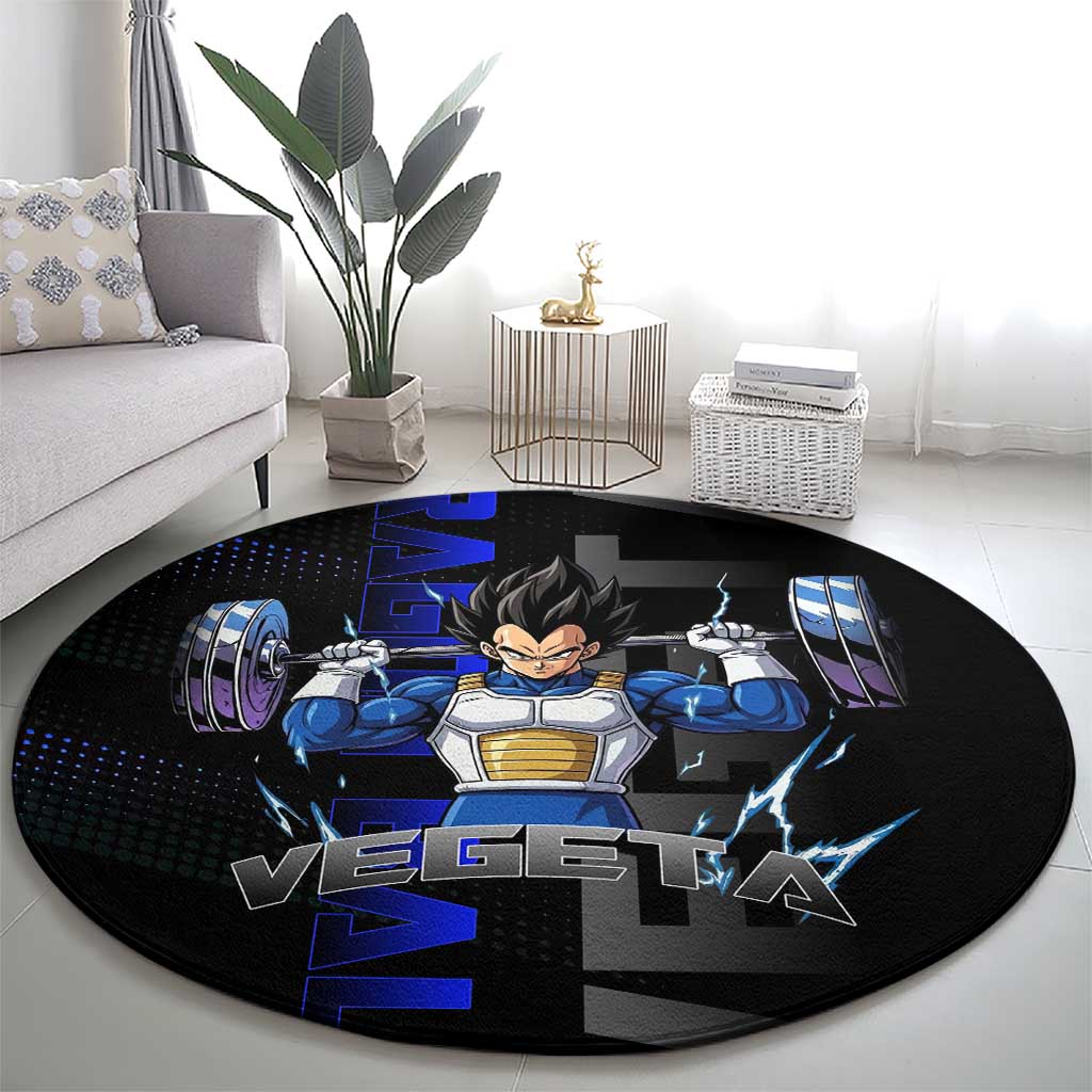 Vegeta Gym Theme Black and Blue Design Round Carpet with Powerlifting Pose and Saiyan Armor Style - The Mazicc