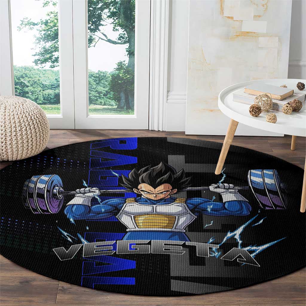 Vegeta Gym Theme Black and Blue Design Round Carpet with Powerlifting Pose and Saiyan Armor Style - The Mazicc