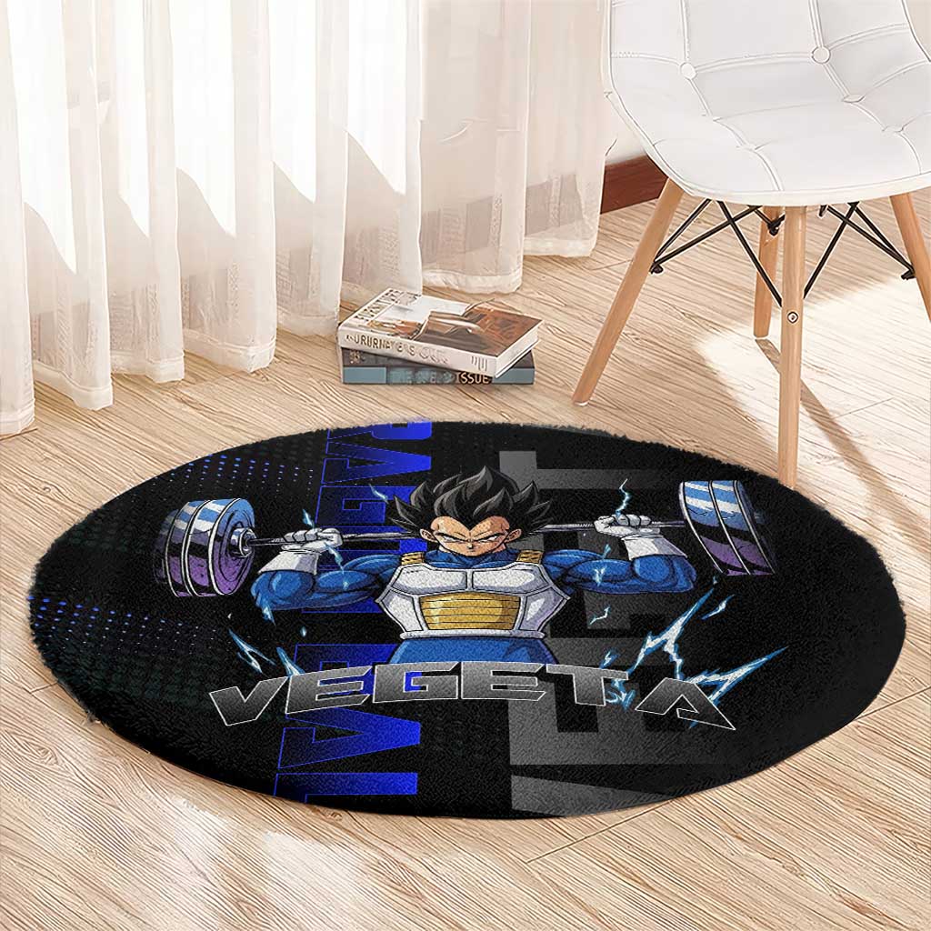Vegeta Gym Theme Black and Blue Design Round Carpet with Powerlifting Pose and Saiyan Armor Style - The Mazicc