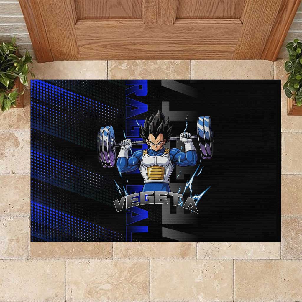 Vegeta Gym Theme Black and Blue Design Rubber Doormat with Powerlifting Pose and Saiyan Armor Style - The Mazicc
