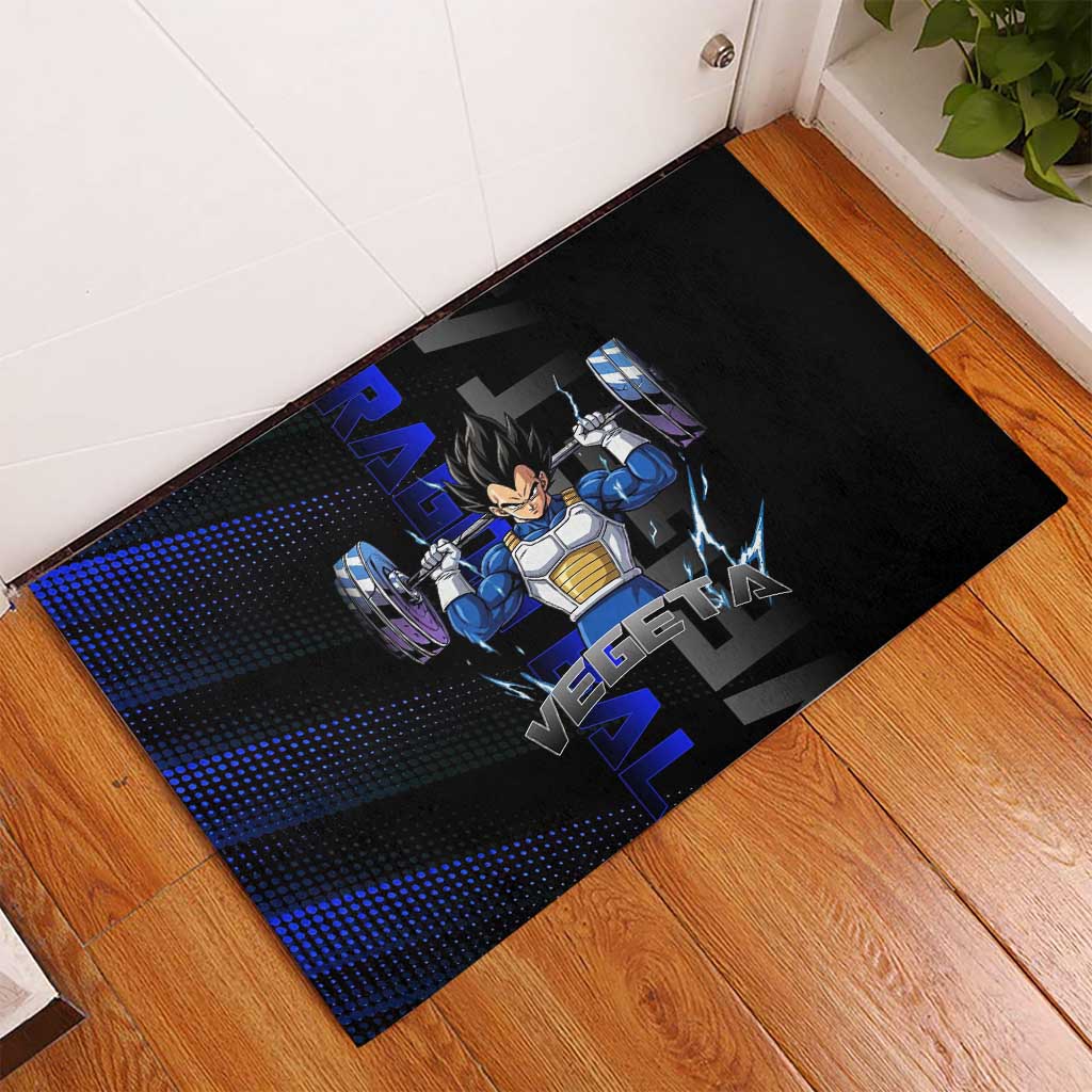 Vegeta Gym Theme Black and Blue Design Rubber Doormat with Powerlifting Pose and Saiyan Armor Style - The Mazicc