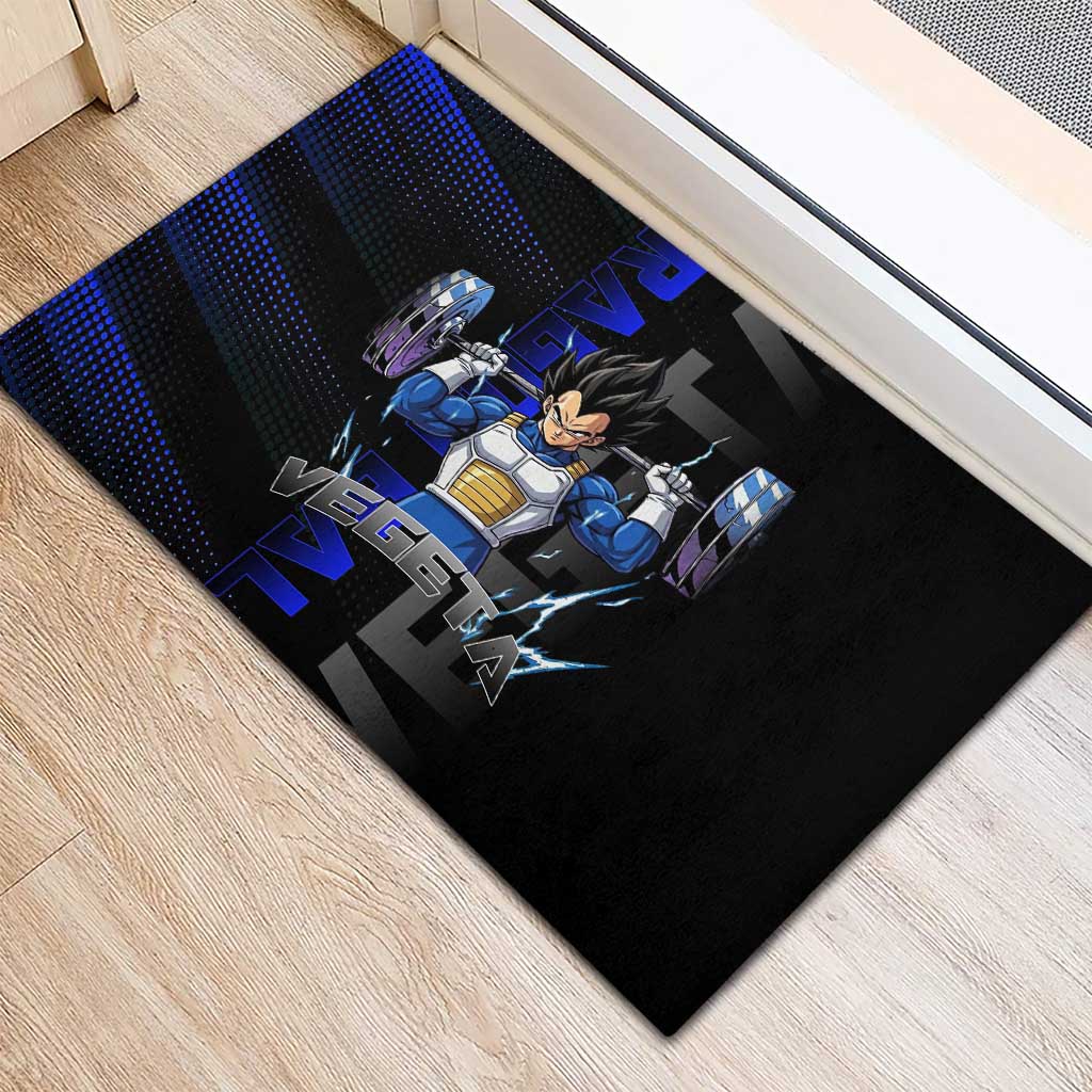Vegeta Gym Theme Black and Blue Design Rubber Doormat with Powerlifting Pose and Saiyan Armor Style - The Mazicc