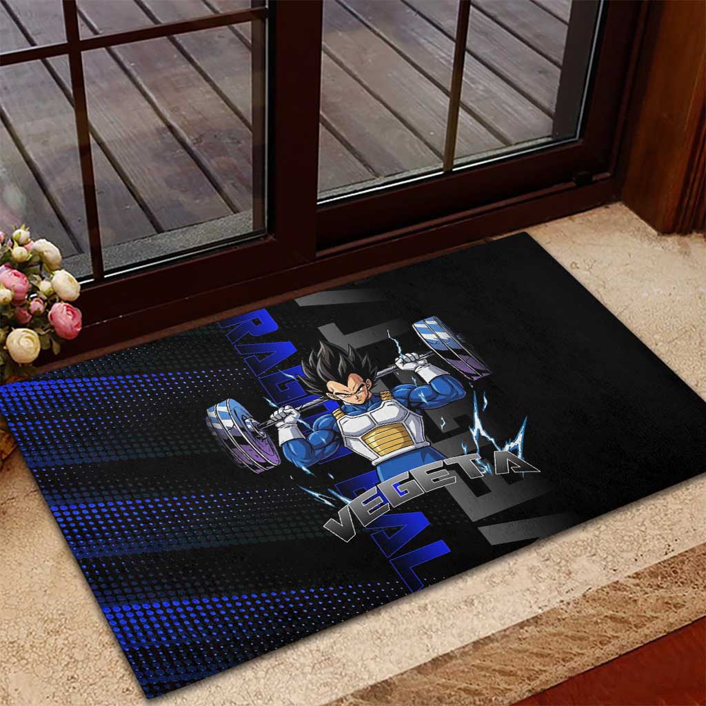 Vegeta Gym Theme Black and Blue Design Rubber Doormat with Powerlifting Pose and Saiyan Armor Style - The Mazicc