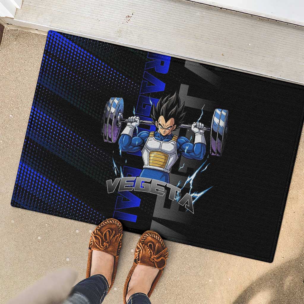 Vegeta Gym Theme Black and Blue Design Rubber Doormat with Powerlifting Pose and Saiyan Armor Style - The Mazicc