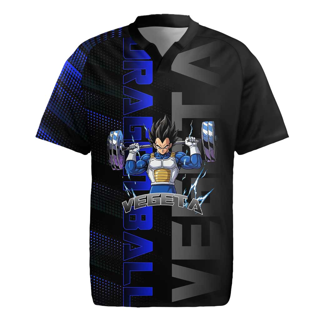Vegeta Gym Theme Black and Blue Design Rugby Jersey with Powerlifting Pose and Saiyan Armor Style - The Mazicc