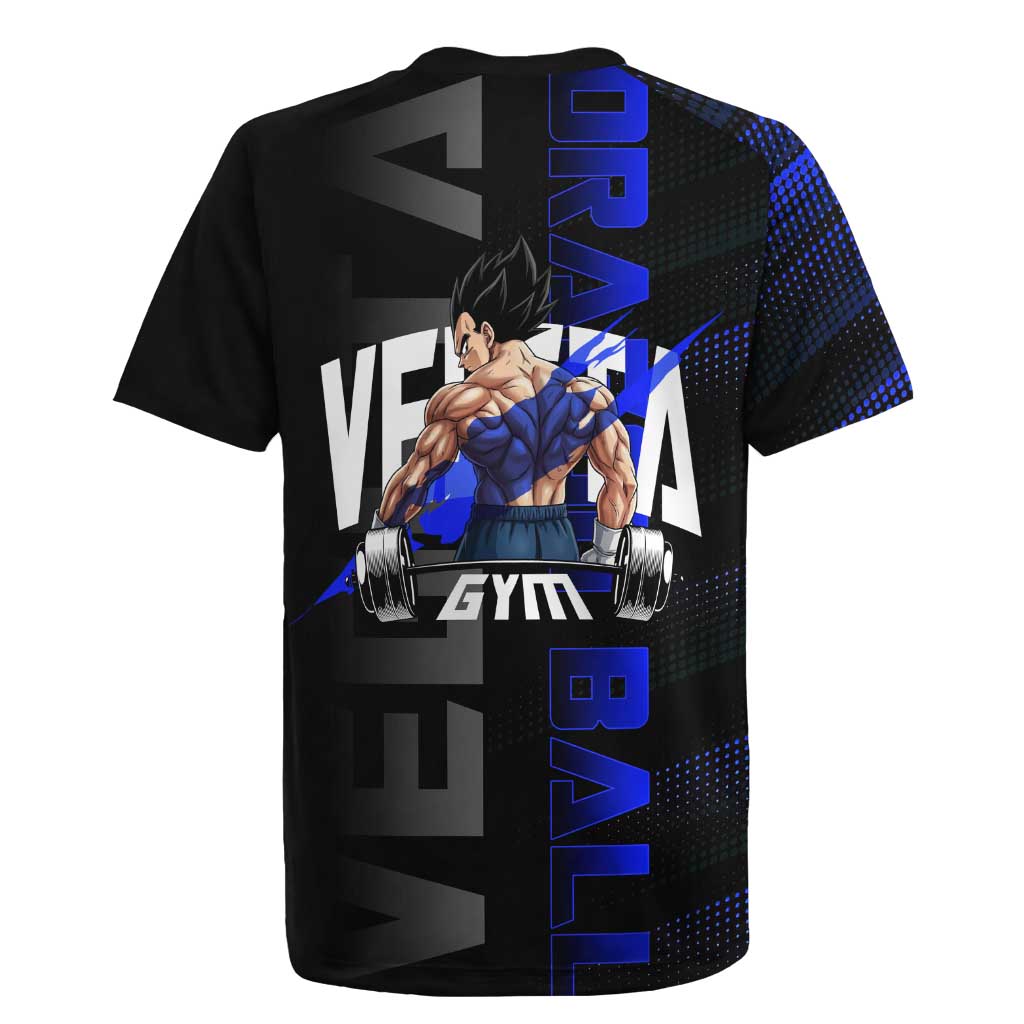 Vegeta Gym Theme Black and Blue Design Rugby Jersey with Powerlifting Pose and Saiyan Armor Style - The Mazicc