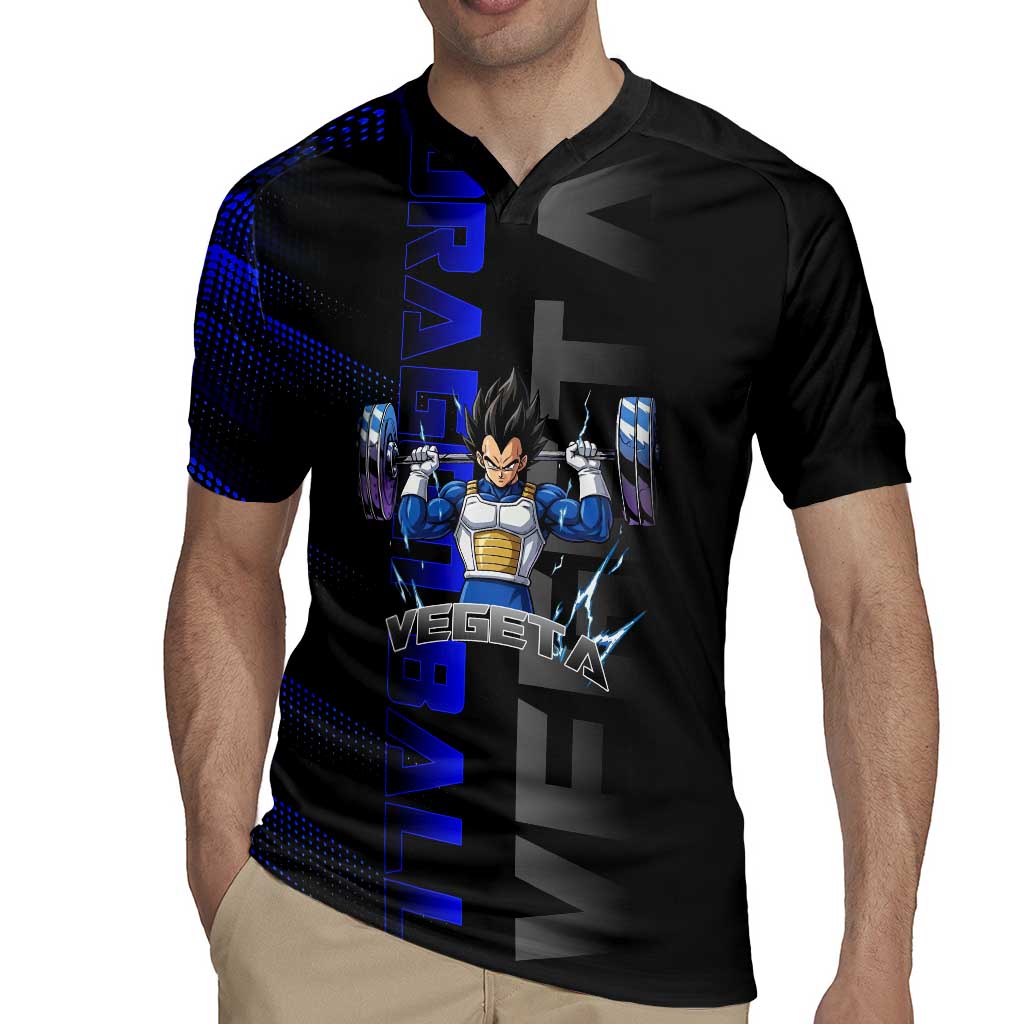 Vegeta Gym Theme Black and Blue Design Rugby Jersey with Powerlifting Pose and Saiyan Armor Style - The Mazicc