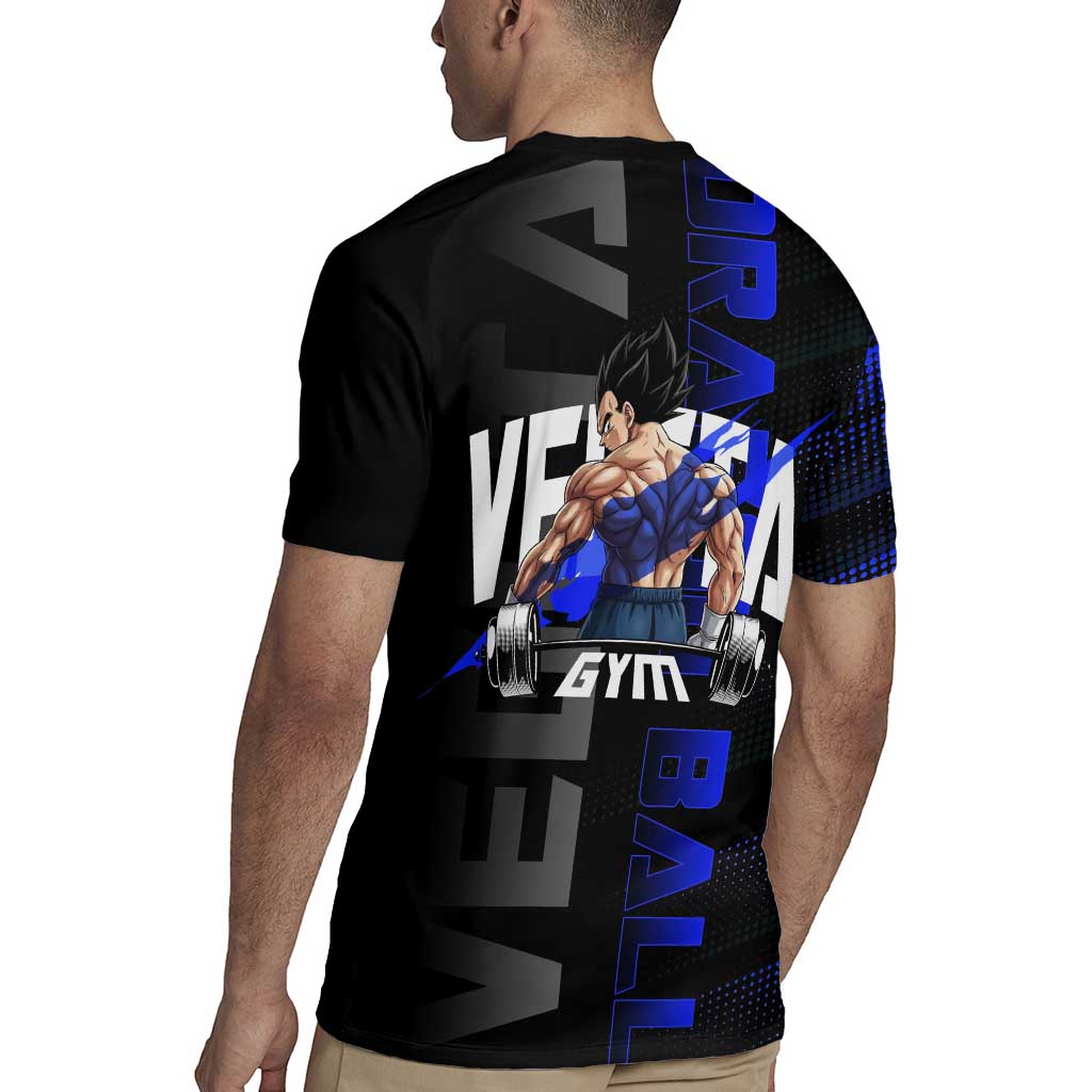 Vegeta Gym Theme Black and Blue Design Rugby Jersey with Powerlifting Pose and Saiyan Armor Style - The Mazicc