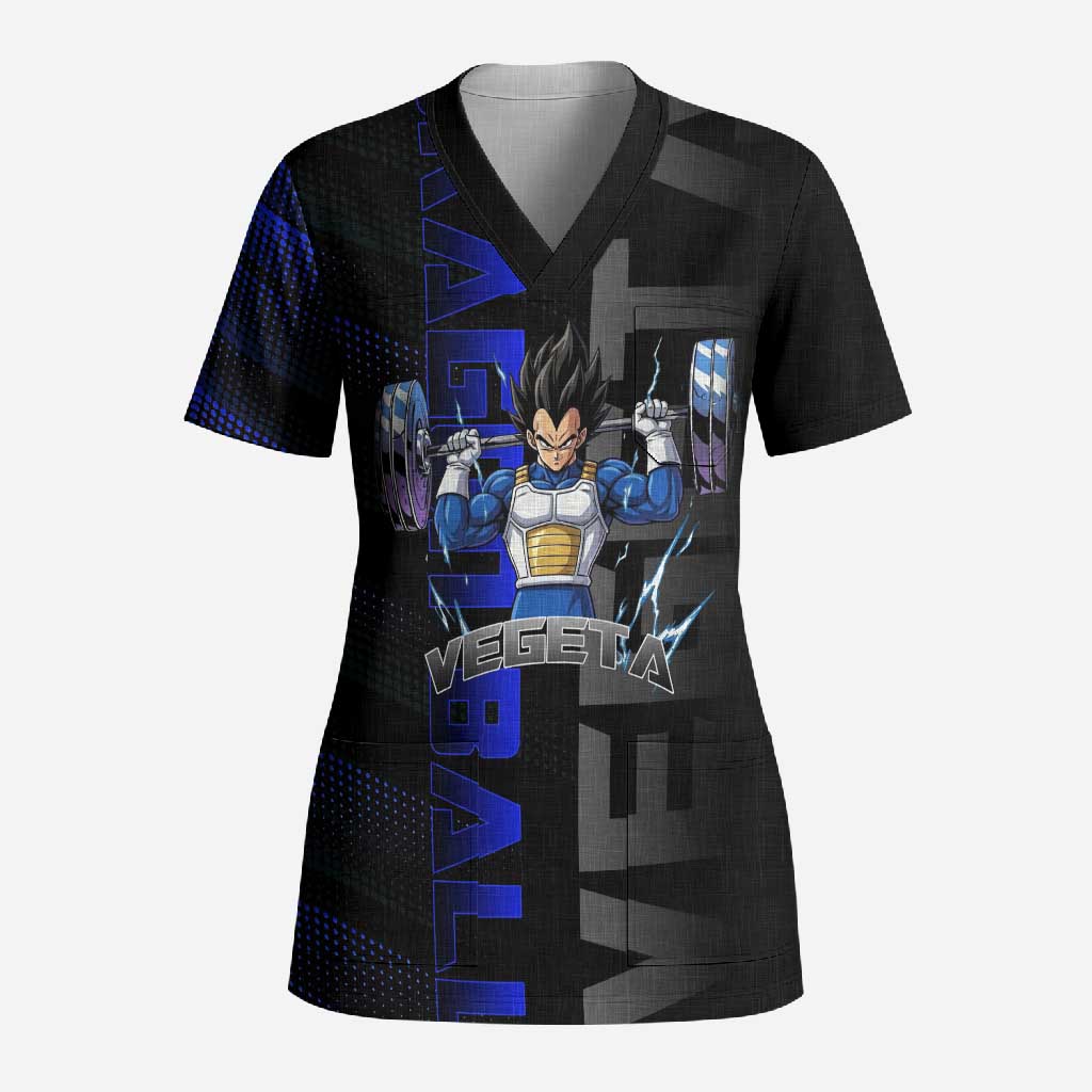 Vegeta Gym Theme Black and Blue Design Scrub Top with Powerlifting Pose and Saiyan Armor Style - The Mazicc