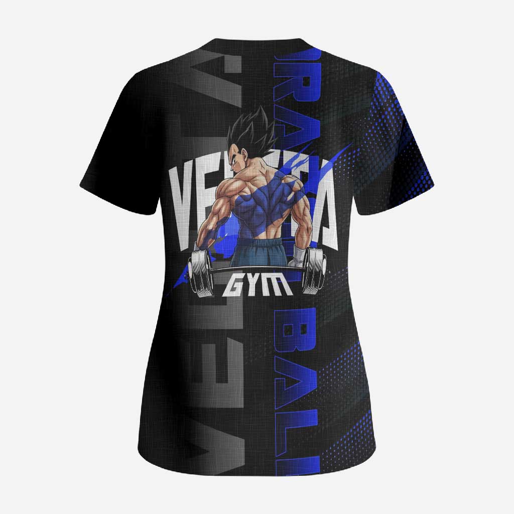 Vegeta Gym Theme Black and Blue Design Scrub Top with Powerlifting Pose and Saiyan Armor Style - The Mazicc