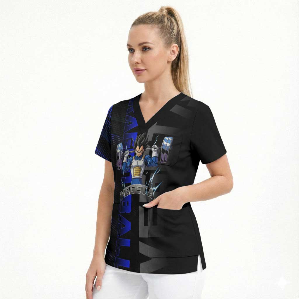 Vegeta Gym Theme Black and Blue Design Scrub Top with Powerlifting Pose and Saiyan Armor Style - The Mazicc