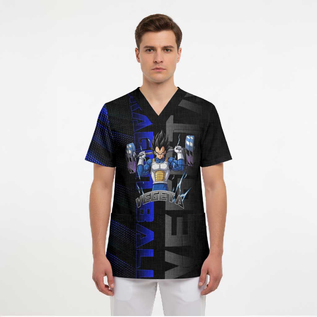 Vegeta Gym Theme Black and Blue Design Scrub Top with Powerlifting Pose and Saiyan Armor Style - The Mazicc