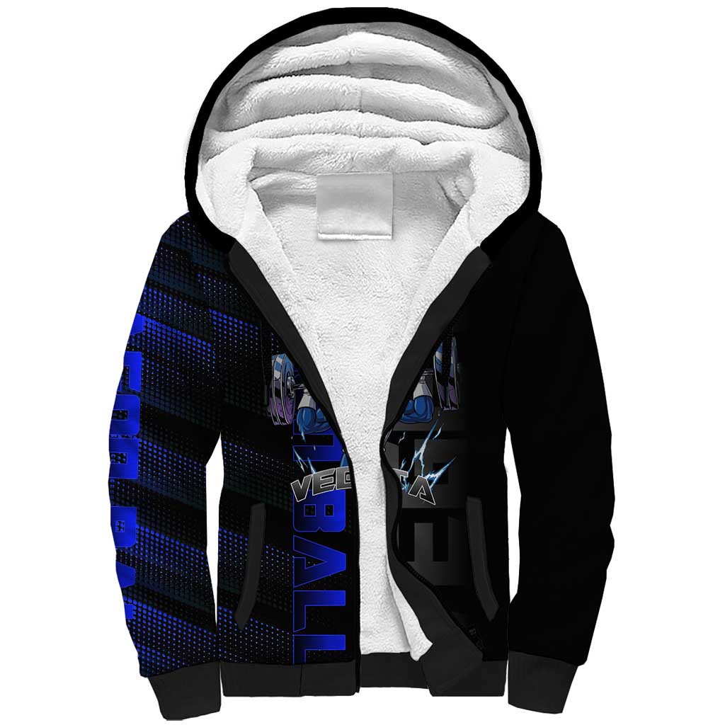 Vegeta Gym Theme Black and Blue Design Sherpa Hoodie with Powerlifting Pose and Saiyan Armor Style - The Mazicc
