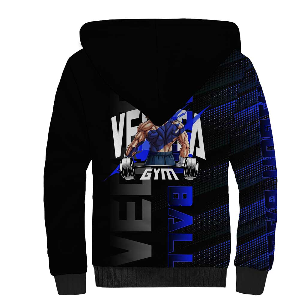 Vegeta Gym Theme Black and Blue Design Sherpa Hoodie with Powerlifting Pose and Saiyan Armor Style - The Mazicc