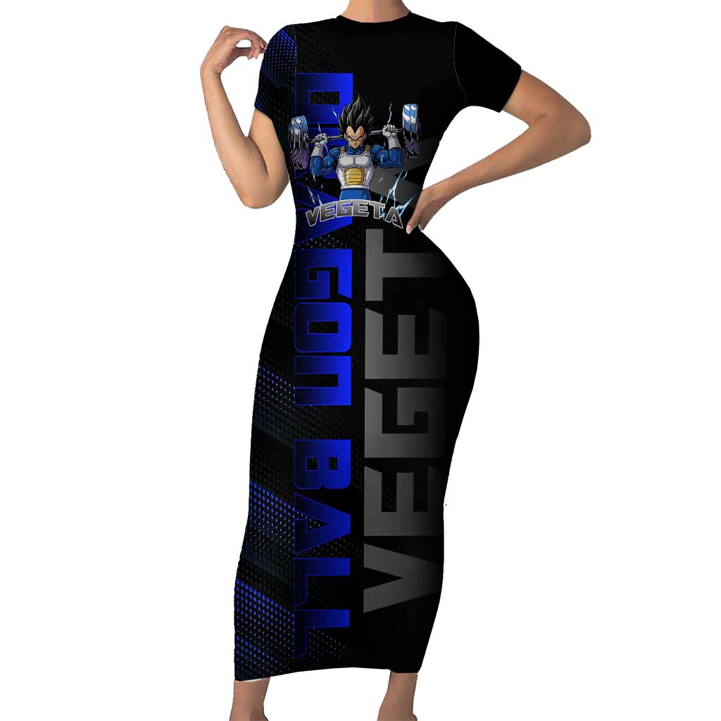 Vegeta Gym Theme Black and Blue Design Short Sleeve Bodycon Dress with Powerlifting Pose and Saiyan Armor Style - The Mazicc