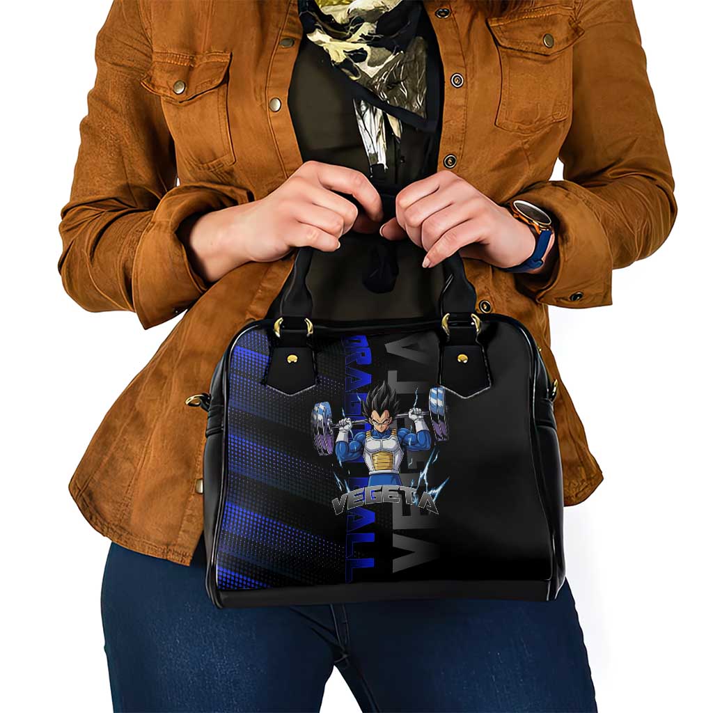 Vegeta Gym Theme Black and Blue Design Shoulder Handbag with Powerlifting Pose and Saiyan Armor Style - The Mazicc