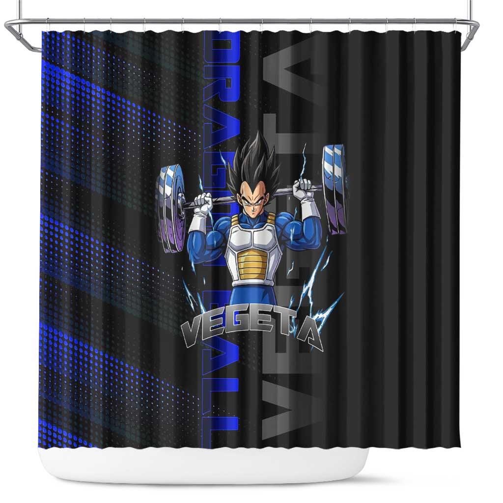 Vegeta Gym Theme Black and Blue Design Shower Curtain with Powerlifting Pose and Saiyan Armor Style - The Mazicc