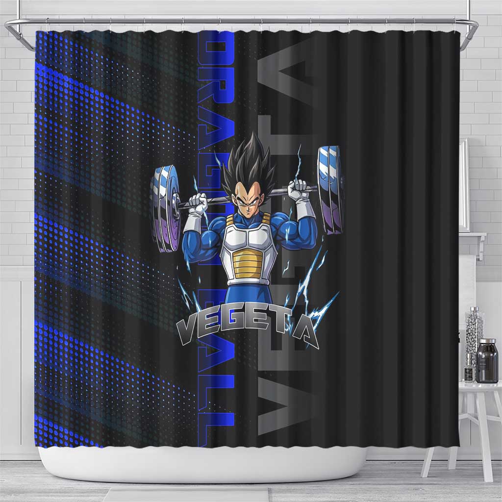 Vegeta Gym Theme Black and Blue Design Shower Curtain with Powerlifting Pose and Saiyan Armor Style - The Mazicc