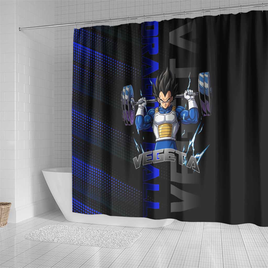 Vegeta Gym Theme Black and Blue Design Shower Curtain with Powerlifting Pose and Saiyan Armor Style - The Mazicc