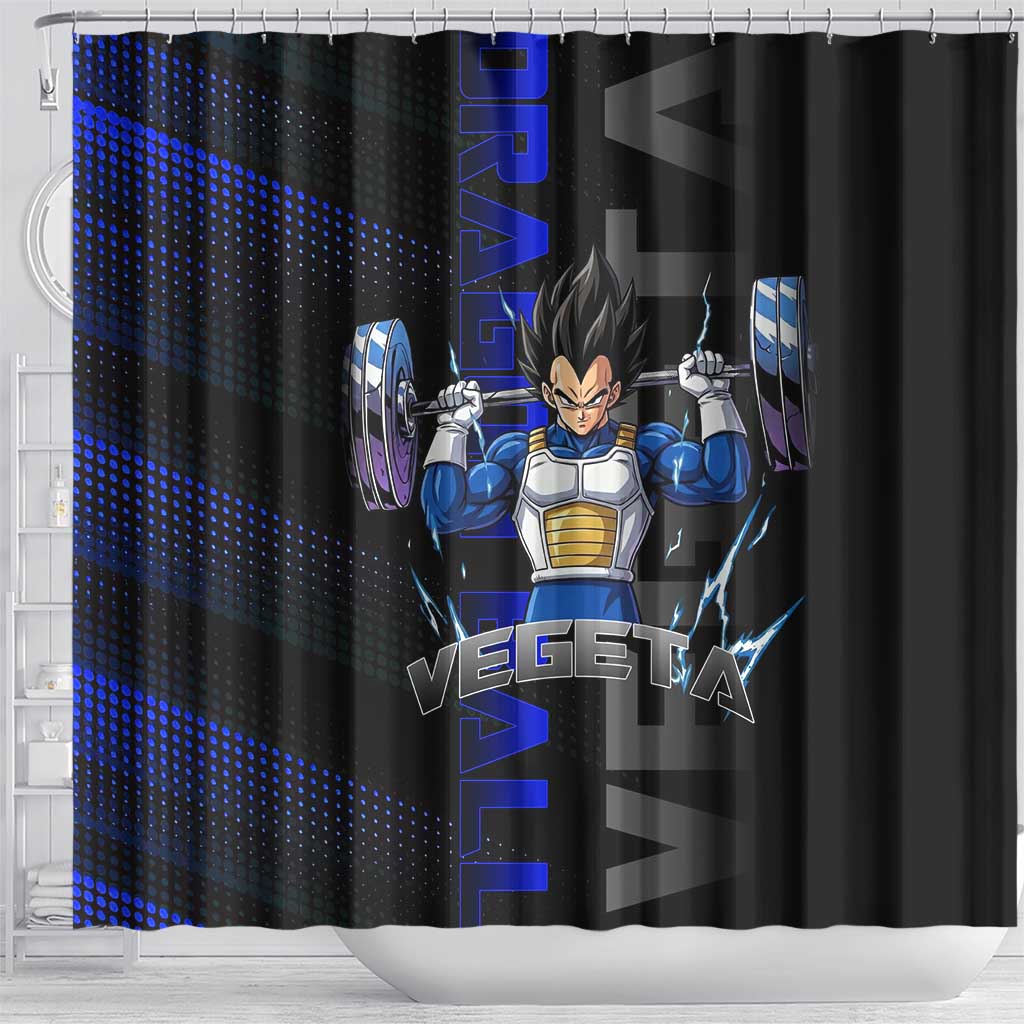 Vegeta Gym Theme Black and Blue Design Shower Curtain with Powerlifting Pose and Saiyan Armor Style - The Mazicc