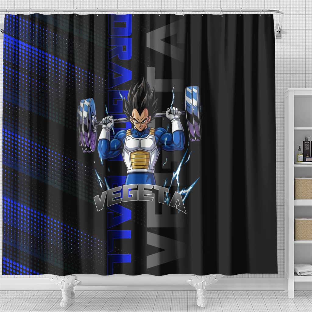 Vegeta Gym Theme Black and Blue Design Shower Curtain with Powerlifting Pose and Saiyan Armor Style - The Mazicc