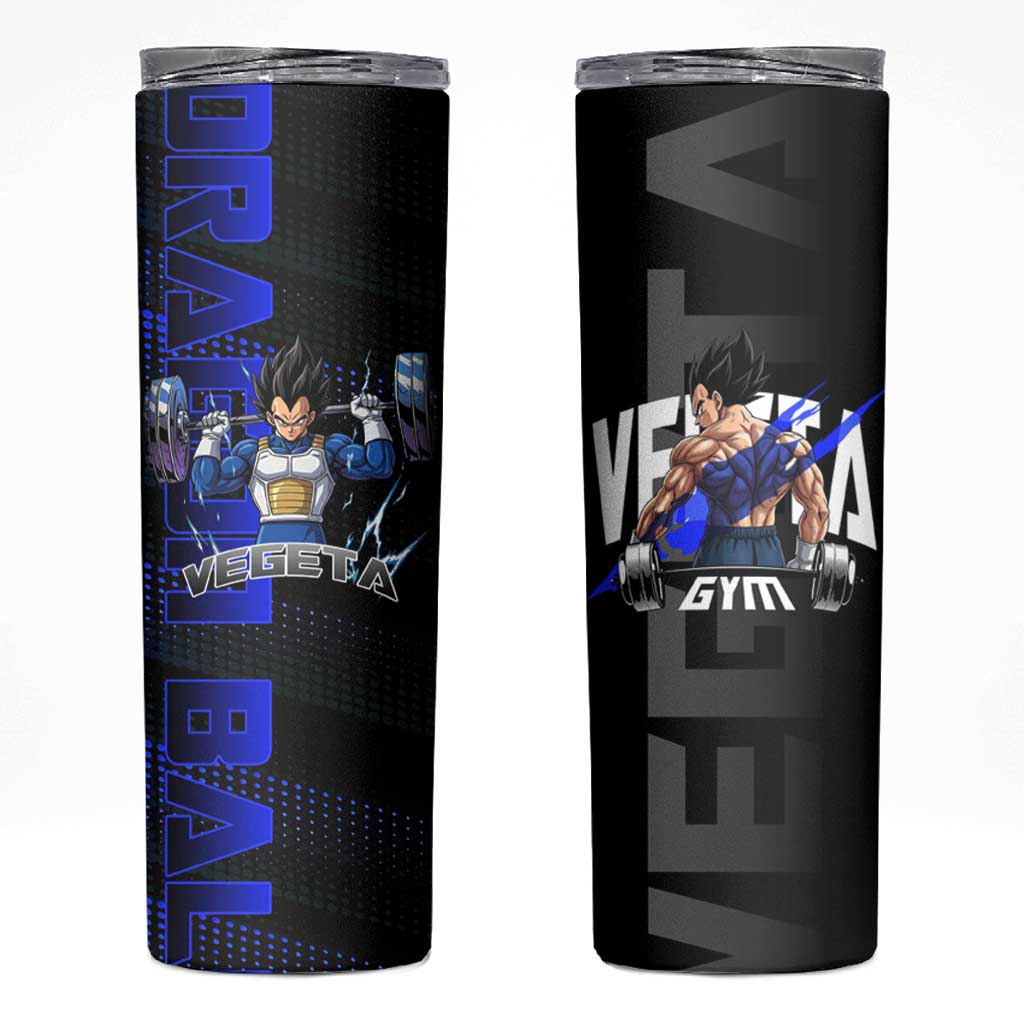 Vegeta Gym Theme Black and Blue Design Skinny Tumbler with Powerlifting Pose and Saiyan Armor Style - The Mazicc