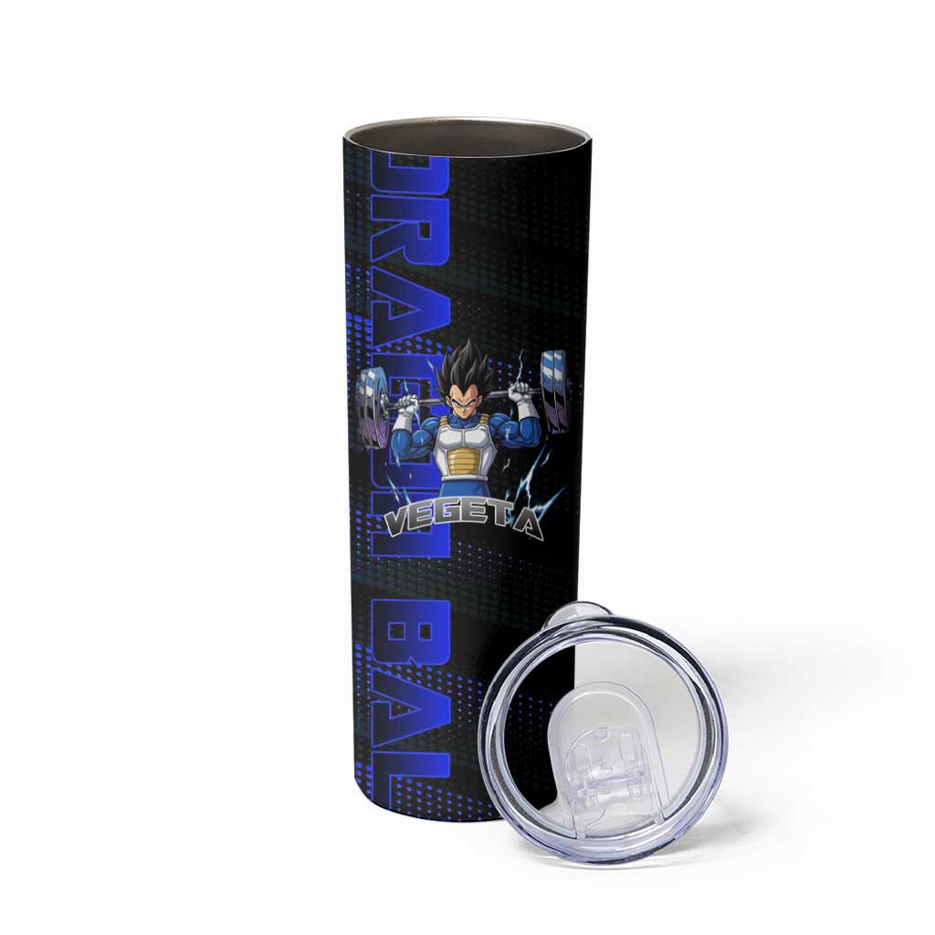 Vegeta Gym Theme Black and Blue Design Skinny Tumbler with Powerlifting Pose and Saiyan Armor Style - The Mazicc