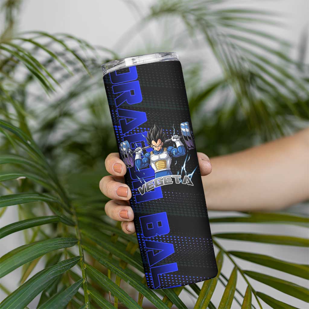 Vegeta Gym Theme Black and Blue Design Skinny Tumbler with Powerlifting Pose and Saiyan Armor Style - The Mazicc