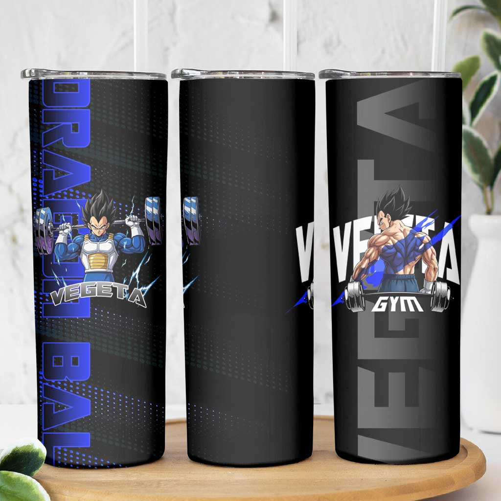 Vegeta Gym Theme Black and Blue Design Skinny Tumbler with Powerlifting Pose and Saiyan Armor Style - The Mazicc