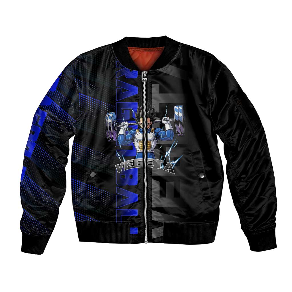 Vegeta Gym Theme Black and Blue Design Sleeve Zip Bomber Jacket with Powerlifting Pose and Saiyan Armor Style - The Mazicc