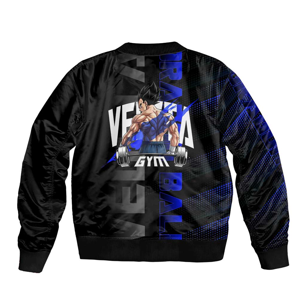 Vegeta Gym Theme Black and Blue Design Sleeve Zip Bomber Jacket with Powerlifting Pose and Saiyan Armor Style - The Mazicc