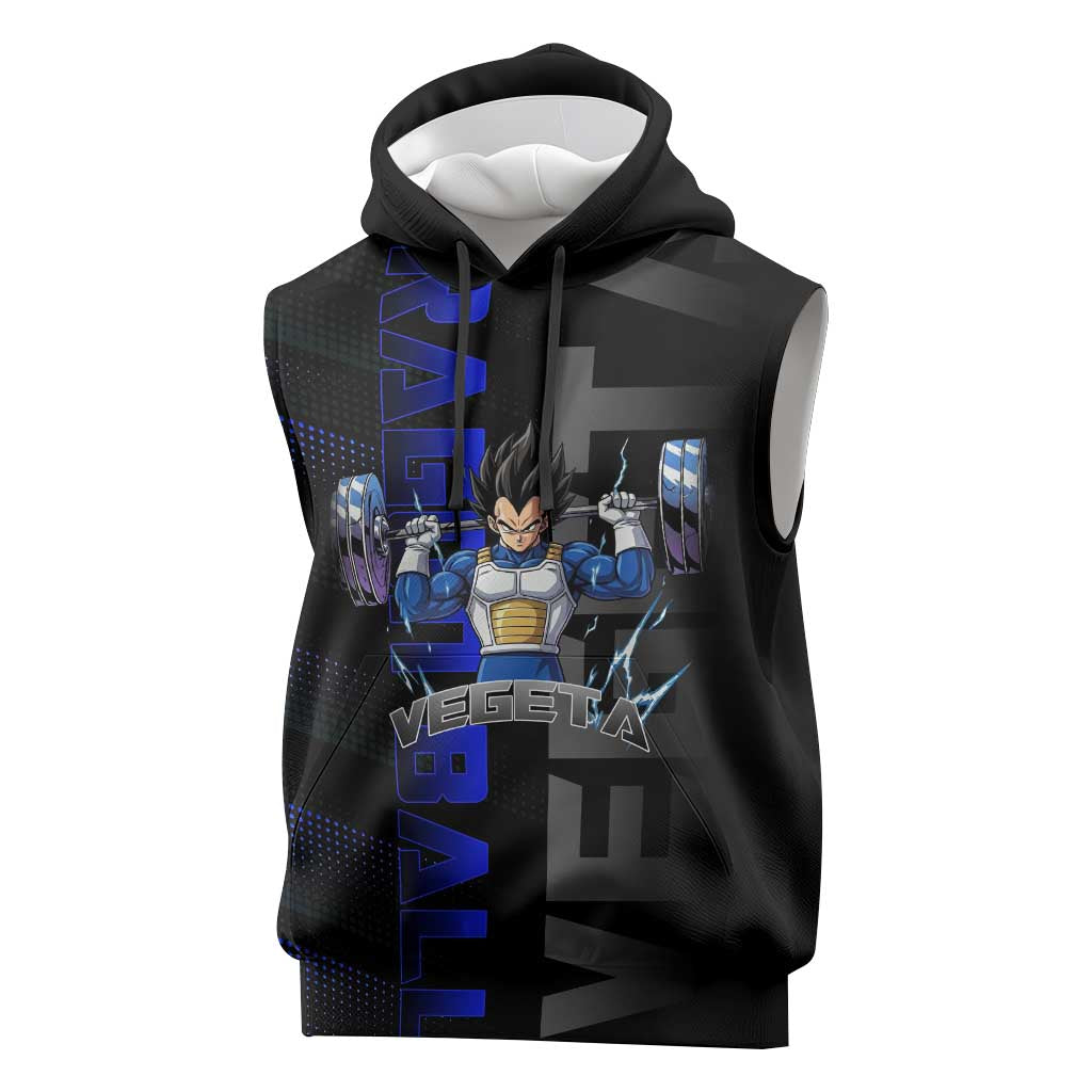 Vegeta Gym Theme Black and Blue Design Sleeveless Hoodie with Powerlifting Pose and Saiyan Armor Style - The Mazicc