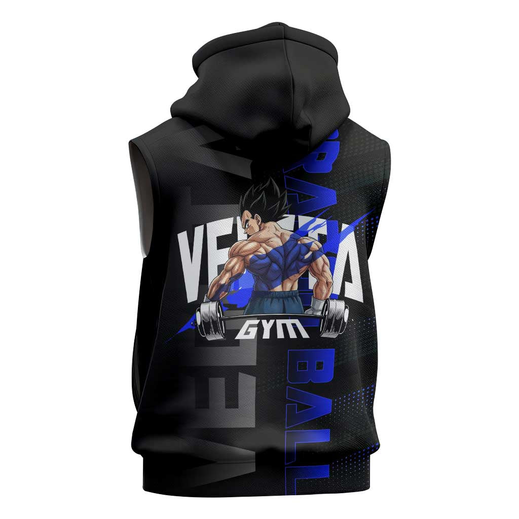 Vegeta Gym Theme Black and Blue Design Sleeveless Hoodie with Powerlifting Pose and Saiyan Armor Style - The Mazicc