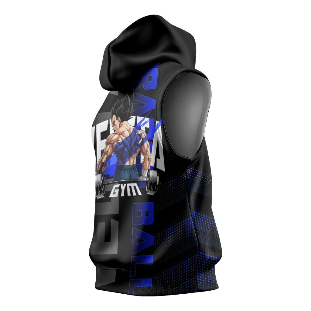 Vegeta Gym Theme Black and Blue Design Sleeveless Hoodie with Powerlifting Pose and Saiyan Armor Style - The Mazicc
