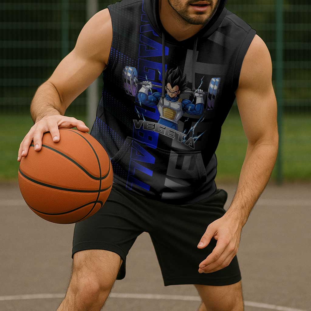 Vegeta Gym Theme Black and Blue Design Sleeveless Hoodie with Powerlifting Pose and Saiyan Armor Style - The Mazicc