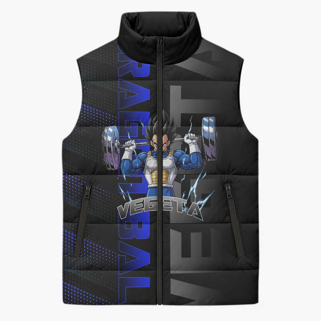 Vegeta Gym Theme Black and Blue Design Sleeveless Puffer Jacket with Powerlifting Pose and Saiyan Armor Style - The Mazicc