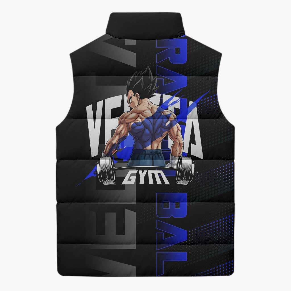 Vegeta Gym Theme Black and Blue Design Sleeveless Puffer Jacket with Powerlifting Pose and Saiyan Armor Style - The Mazicc