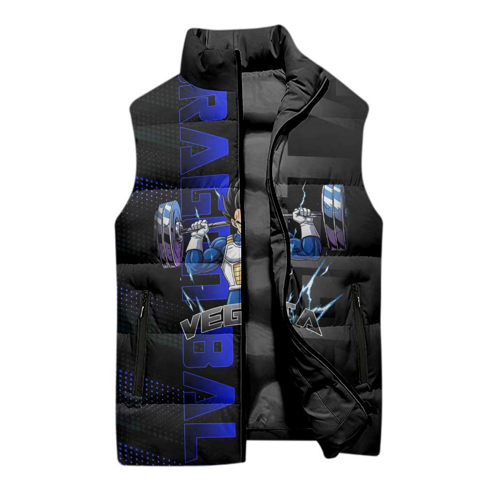 Vegeta Gym Theme Black and Blue Design Sleeveless Puffer Jacket with Powerlifting Pose and Saiyan Armor Style - The Mazicc