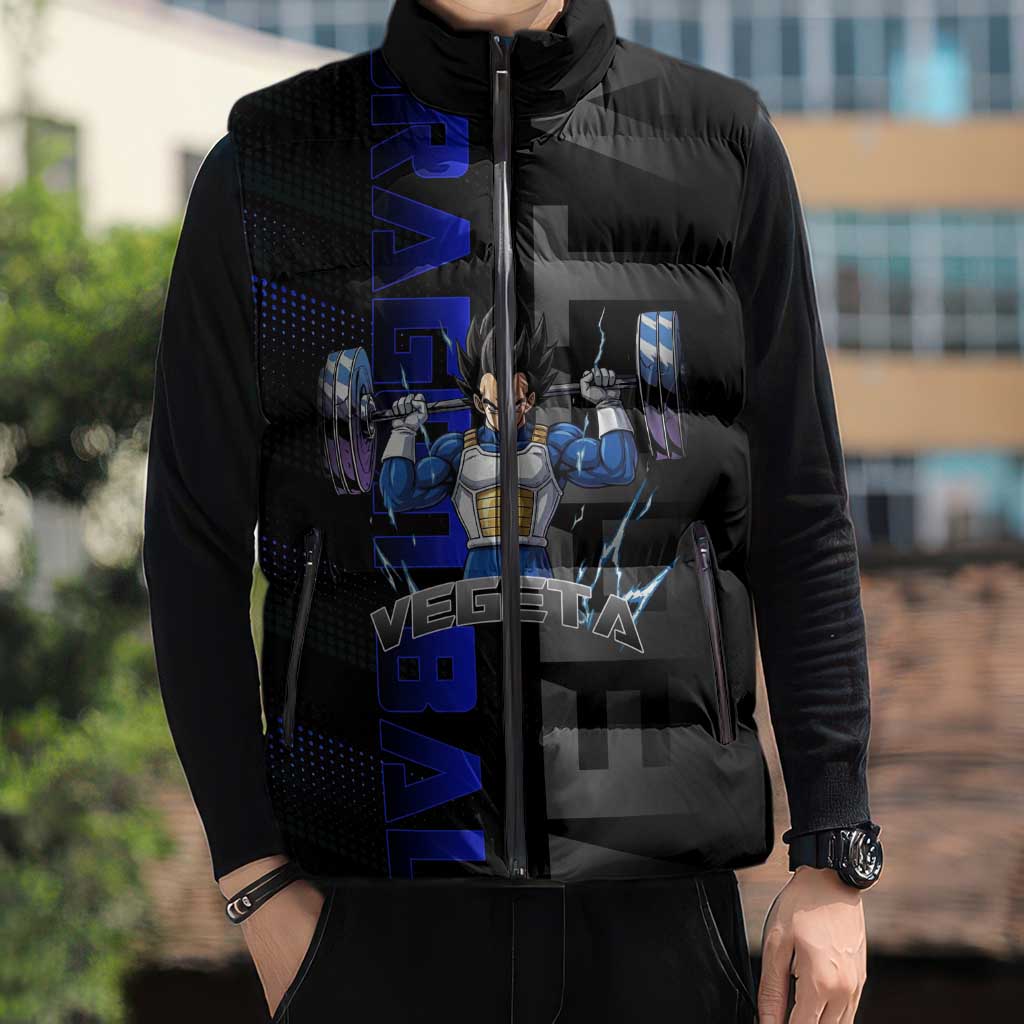 Vegeta Gym Theme Black and Blue Design Sleeveless Puffer Jacket with Powerlifting Pose and Saiyan Armor Style - The Mazicc