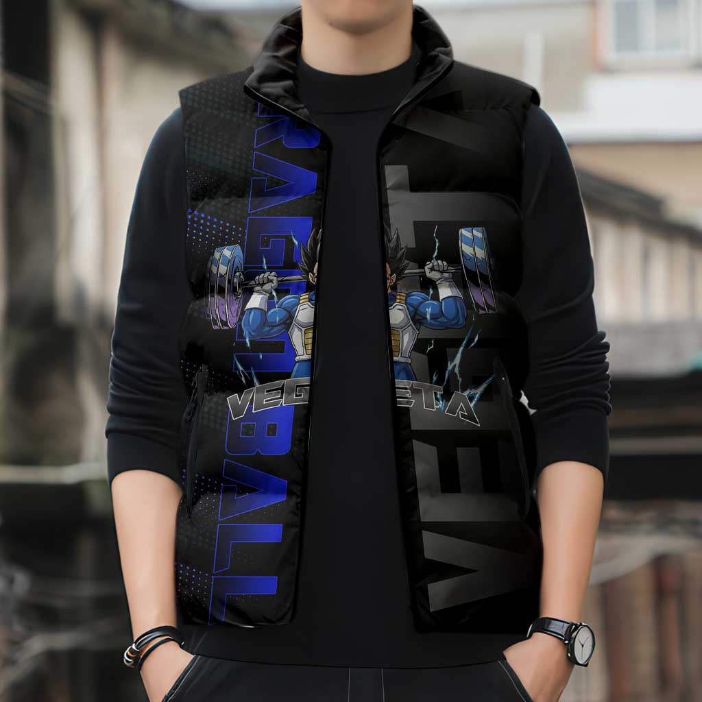 Vegeta Gym Theme Black and Blue Design Sleeveless Puffer Jacket with Powerlifting Pose and Saiyan Armor Style - The Mazicc