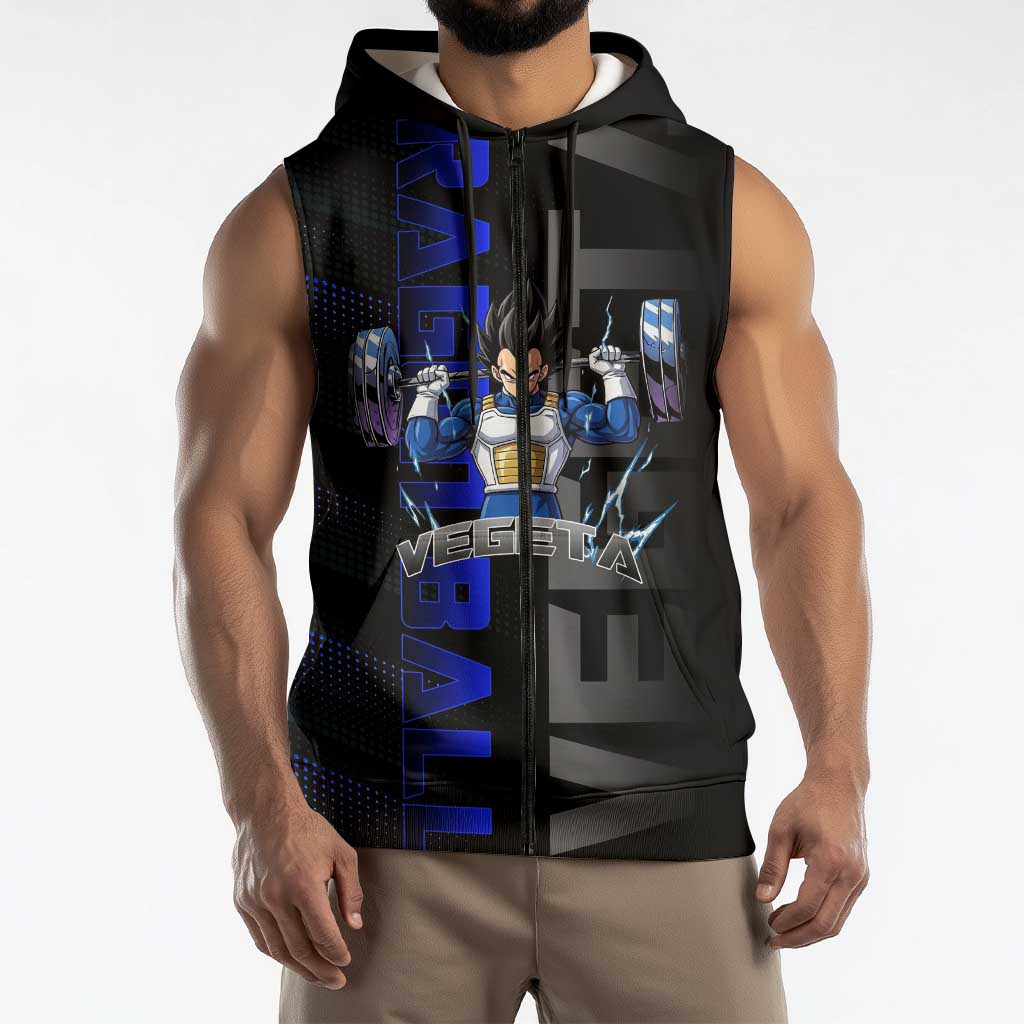 Vegeta Gym Theme Black and Blue Design Sleeveless Zip Hoodie with Powerlifting Pose and Saiyan Armor Style - The Mazicc
