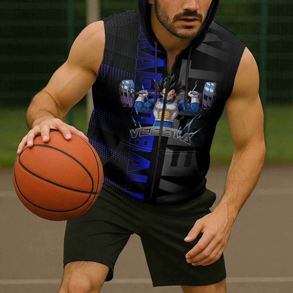 Vegeta Gym Theme Black and Blue Design Sleeveless Zip Hoodie with Powerlifting Pose and Saiyan Armor Style - The Mazicc