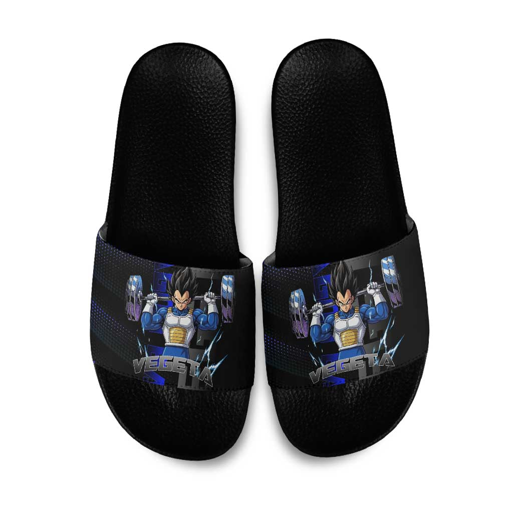 Vegeta Gym Theme Black and Blue Design Slide Sandals with Powerlifting Pose and Saiyan Armor Style - The Mazicc