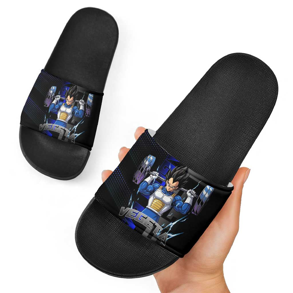 Vegeta Gym Theme Black and Blue Design Slide Sandals with Powerlifting Pose and Saiyan Armor Style - The Mazicc